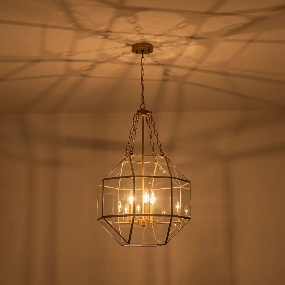 Brass Clear Glass Geometric Cube Lantern Pendant Light