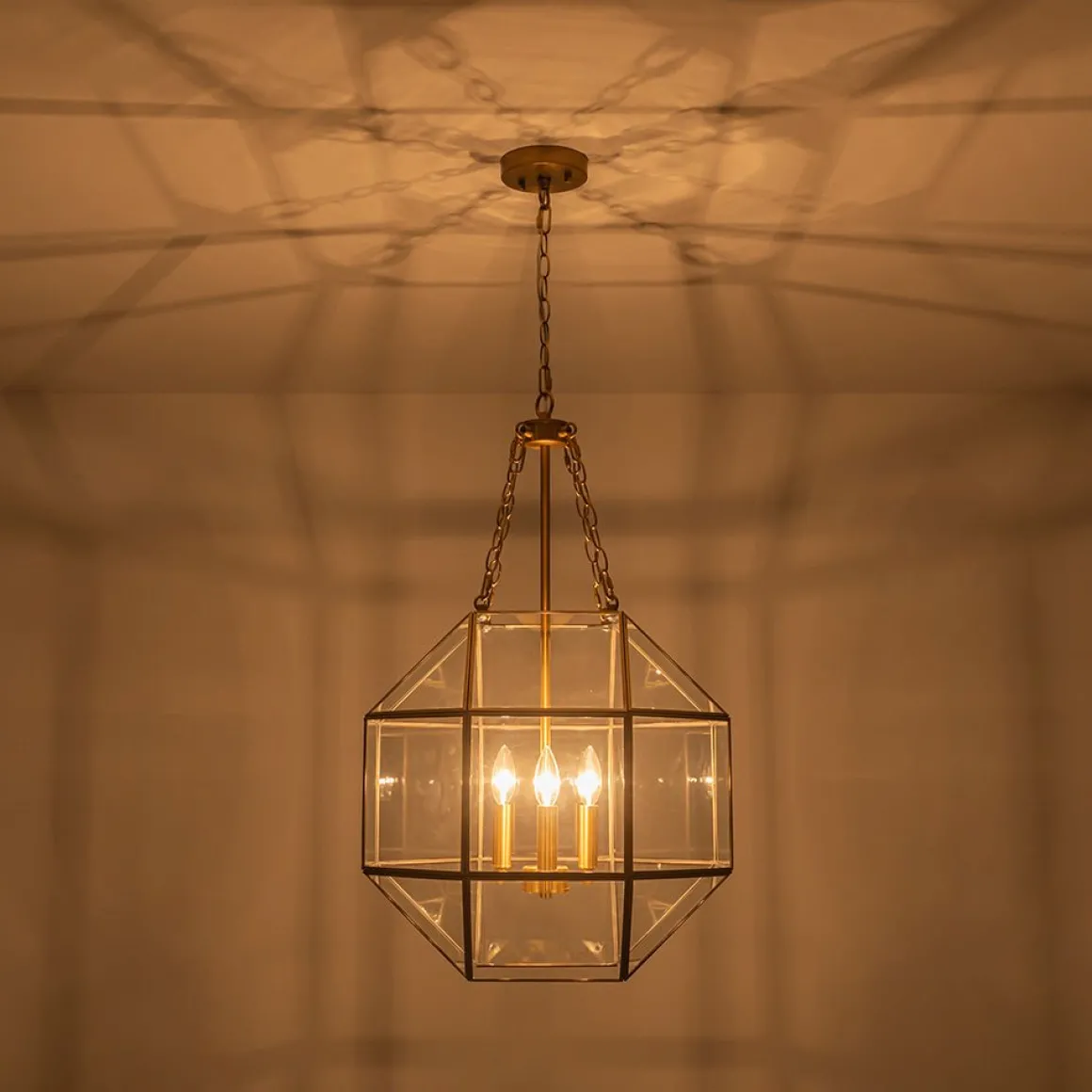 Brass Clear Glass Geometric Cube Lantern Pendant Light