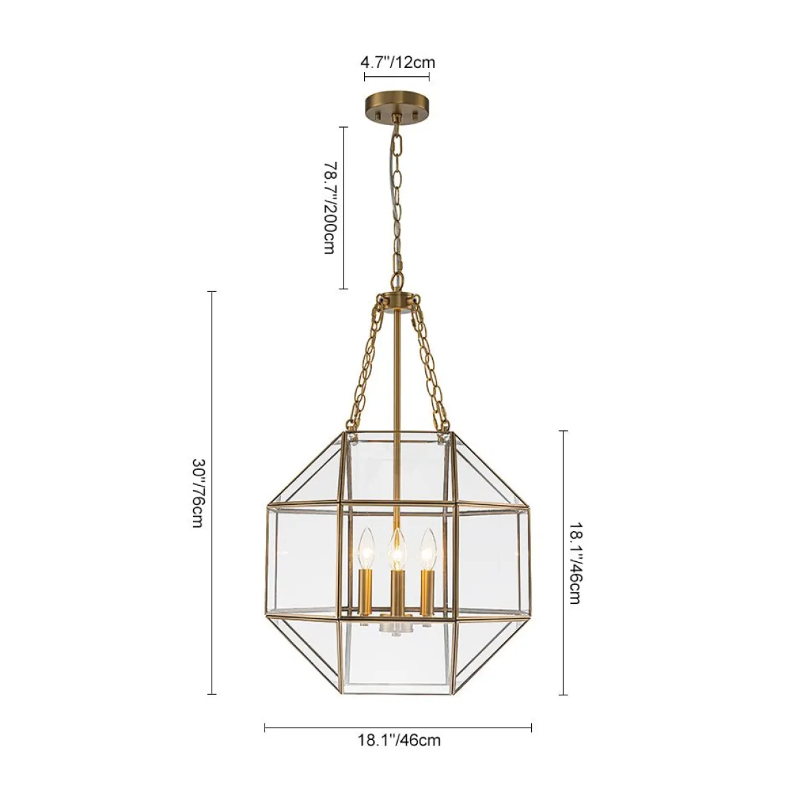 Brass Clear Glass Geometric Cube Lantern Pendant Light
