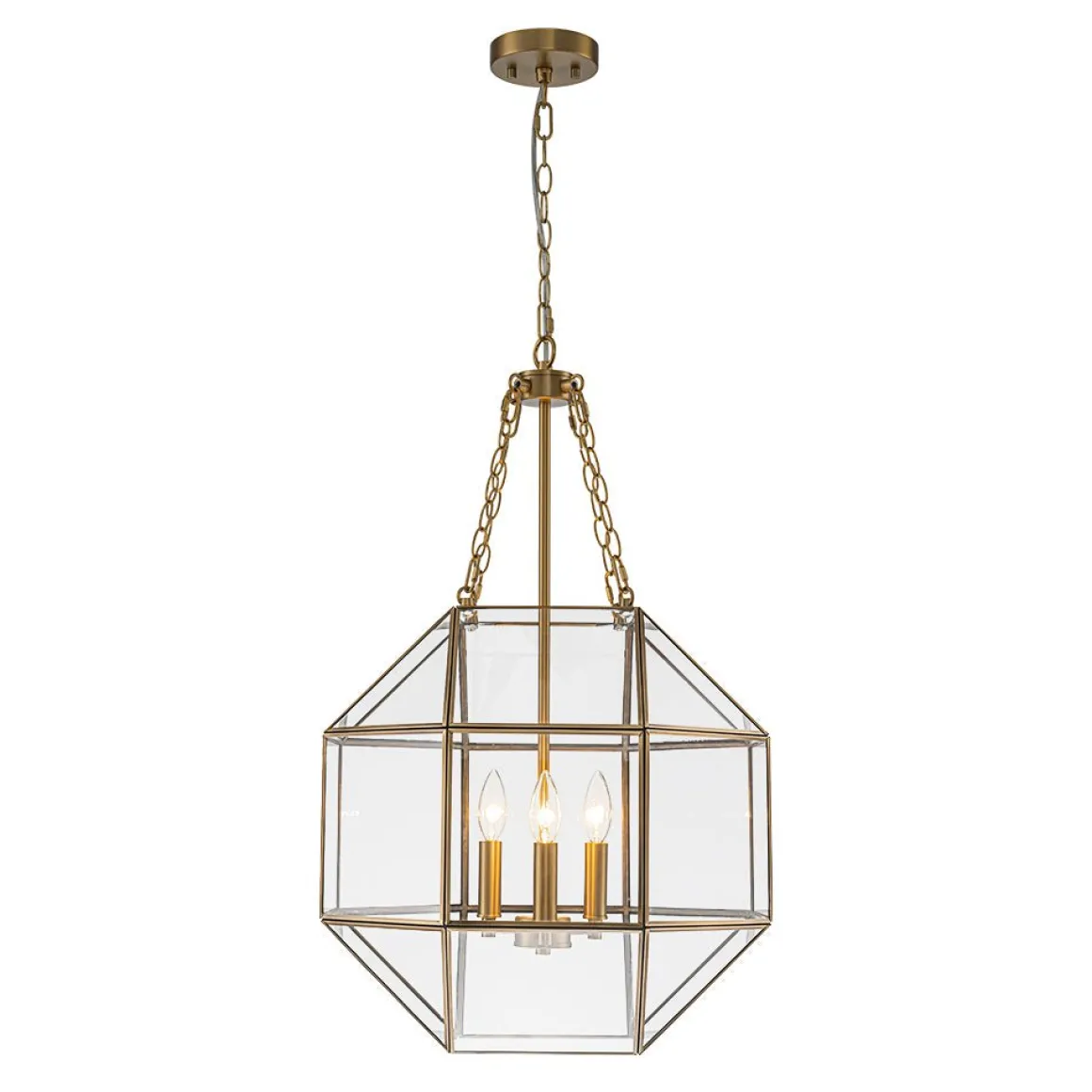 Brass Clear Glass Geometric Cube Lantern Pendant Light
