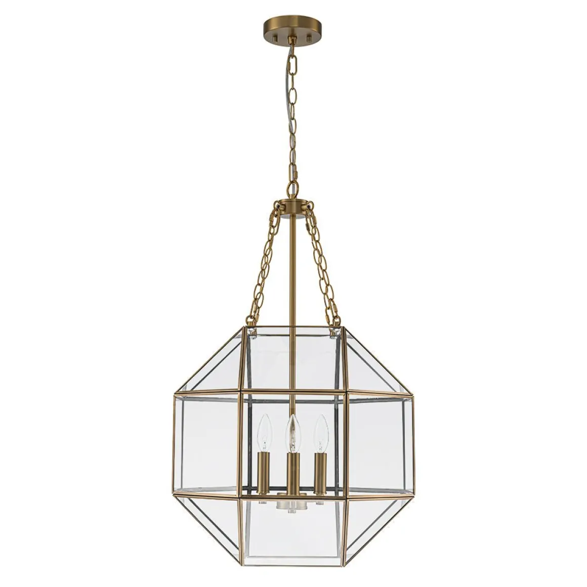 Brass Clear Glass Geometric Cube Lantern Pendant Light