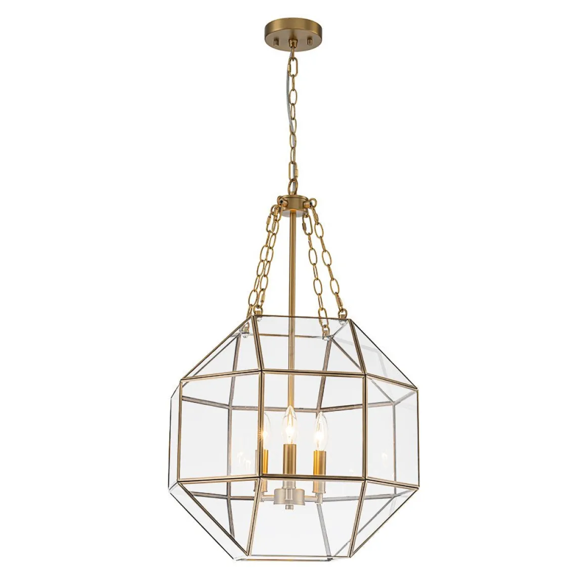 Brass Clear Glass Geometric Cube Lantern Pendant Light