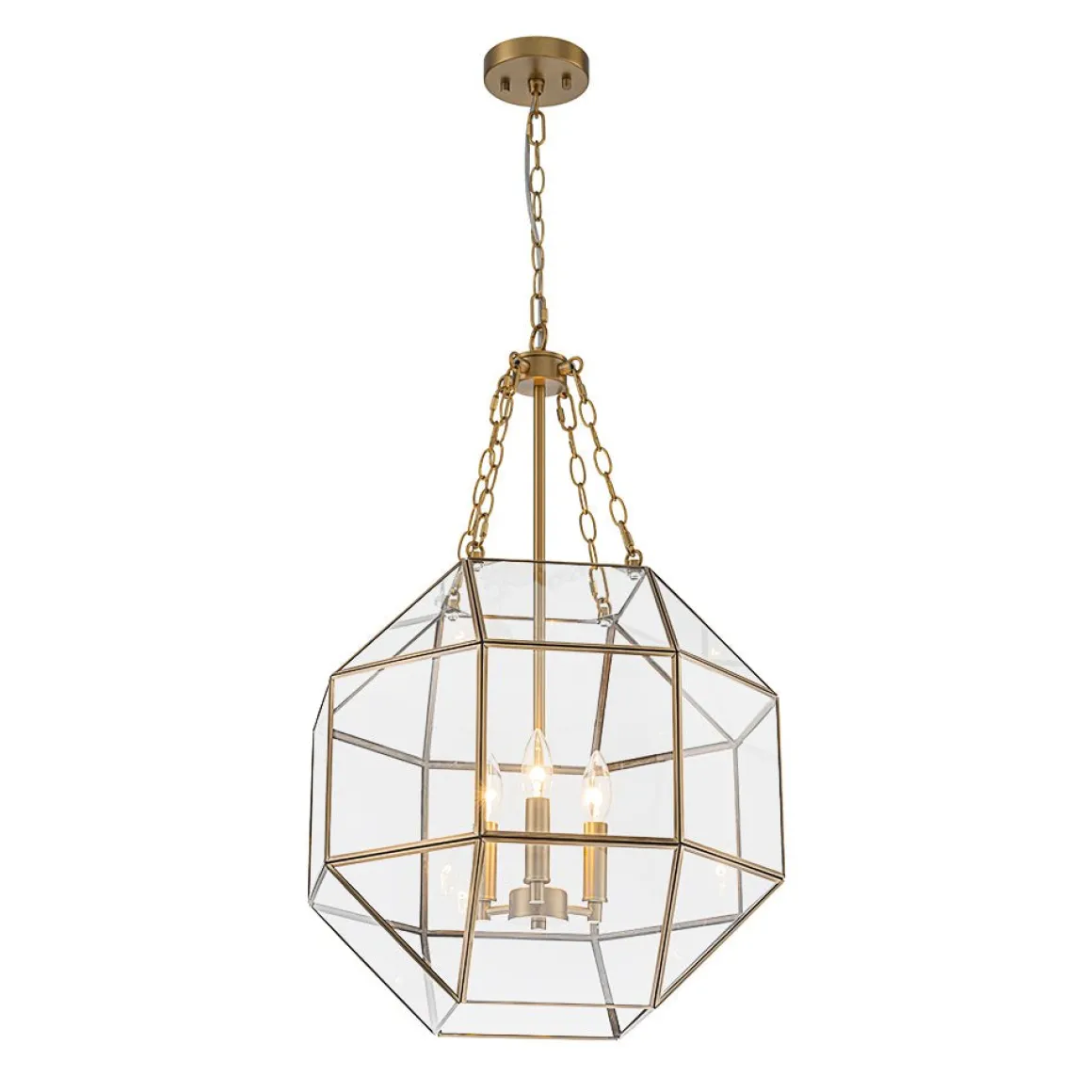 Brass Clear Glass Geometric Cube Lantern Pendant Light