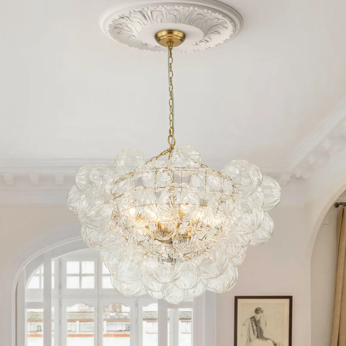Brass Cluster Sculpture Texture Glass Globe Bubble Chandelier