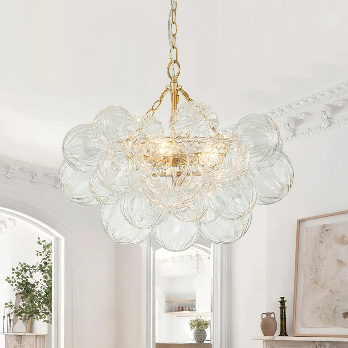 Brass Cluster Sculpture Texture Glass Globe Bubble Chandelier
