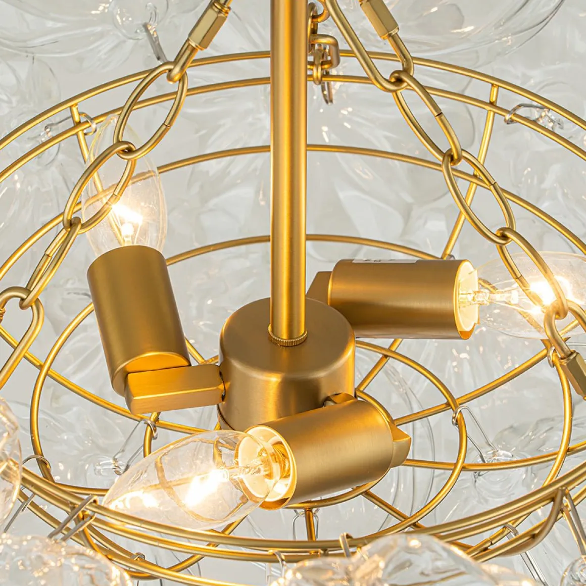 Brass Cluster Sculpture Texture Glass Globe Bubble Chandelier
