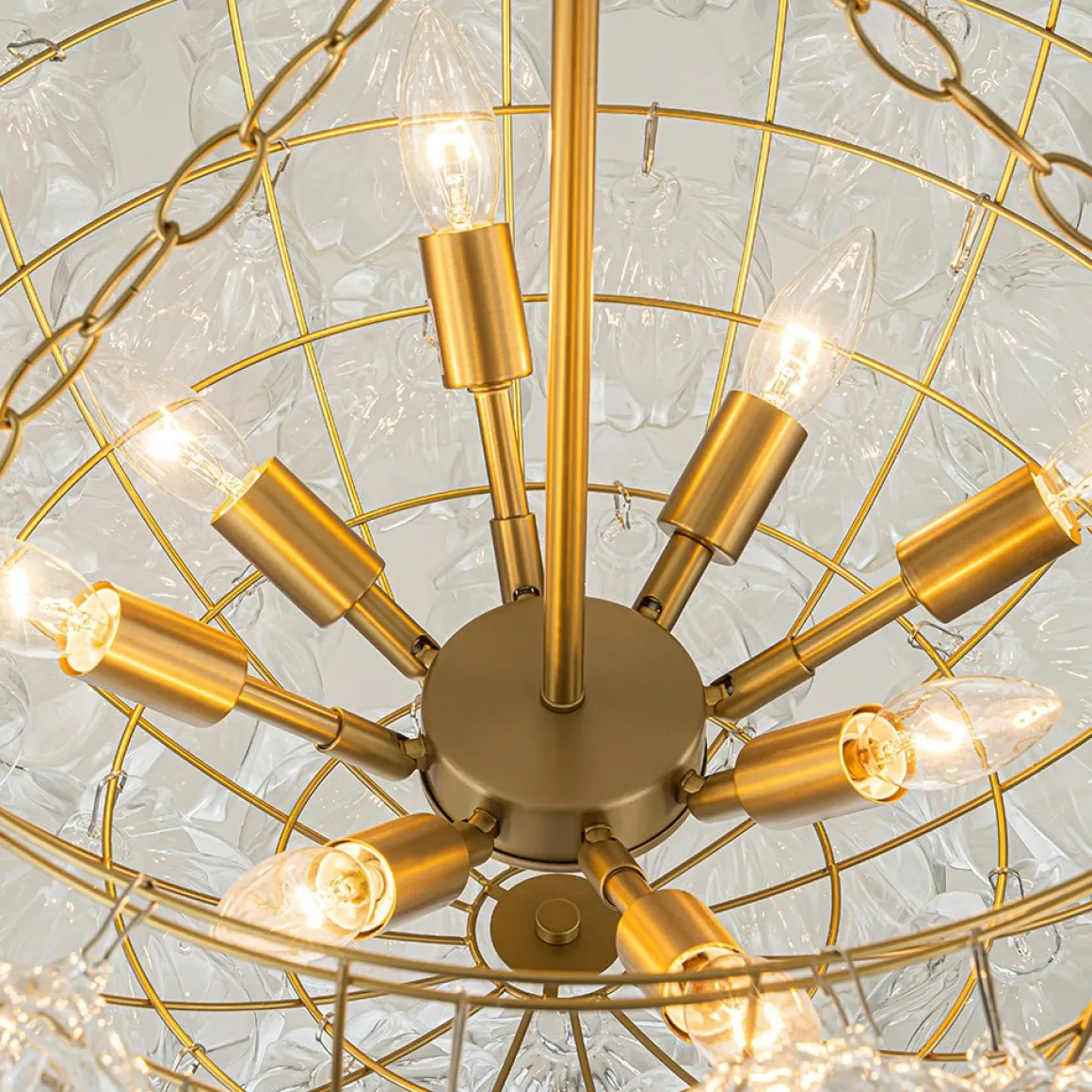 Brass Cluster Sculpture Texture Glass Globe Bubble Chandelier