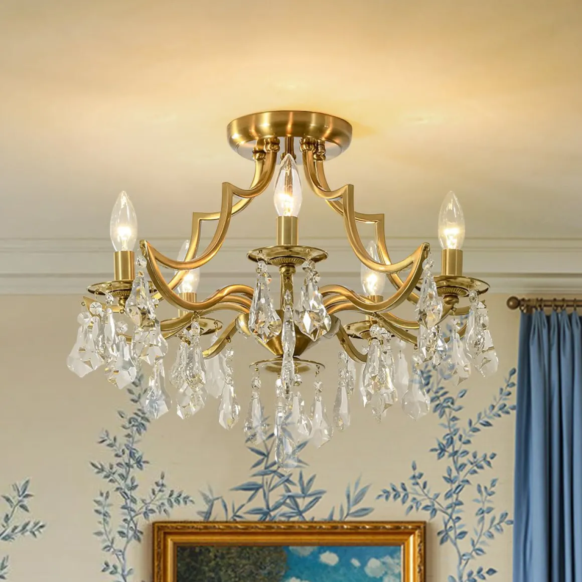 Brass 5-Light Candle Style Crystal Crown Semi Flush Mount