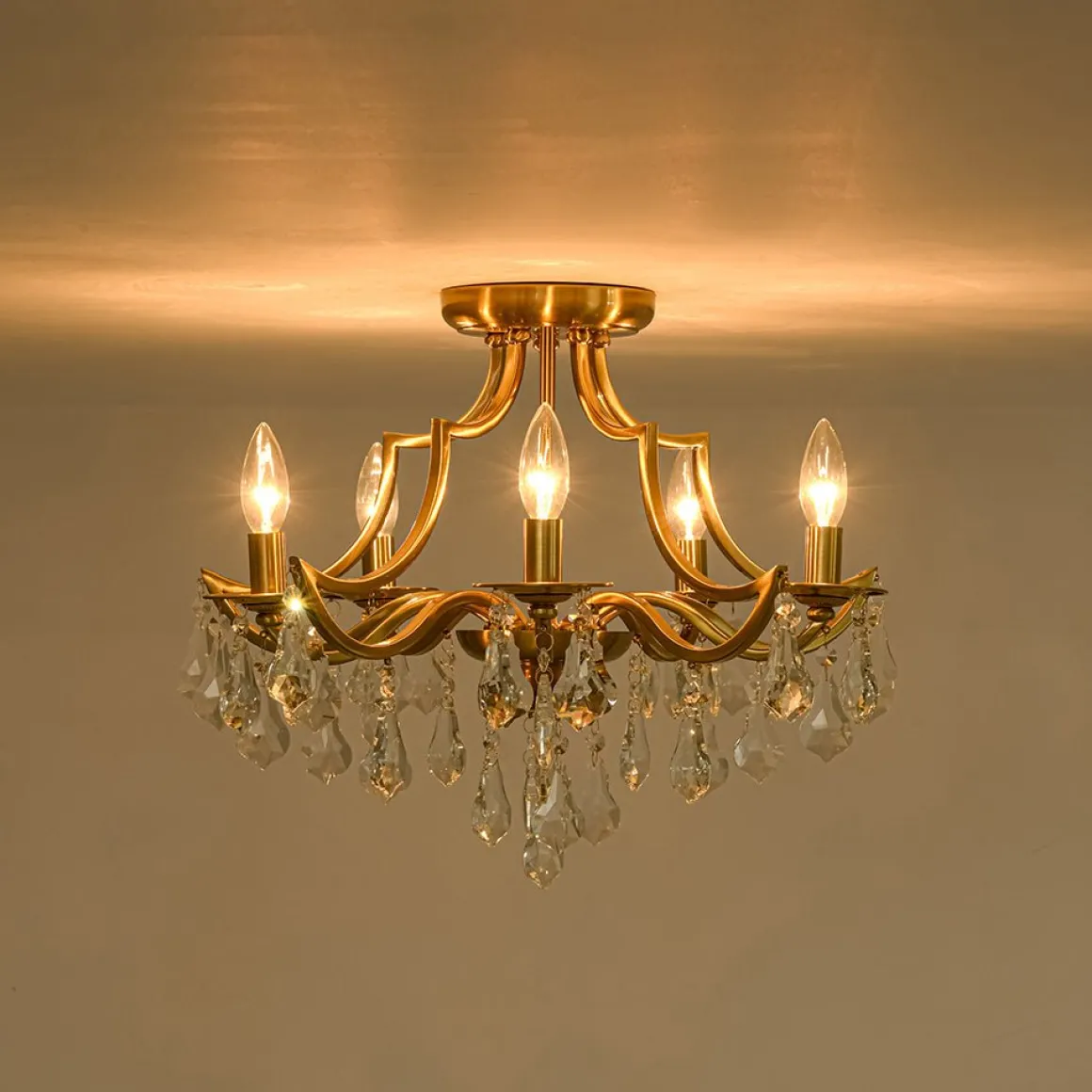 Brass 5-Light Candle Style Crystal Crown Semi Flush Mount