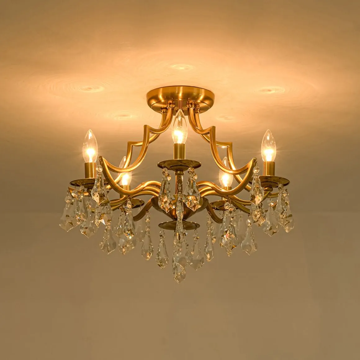 Brass 5-Light Candle Style Crystal Crown Semi Flush Mount