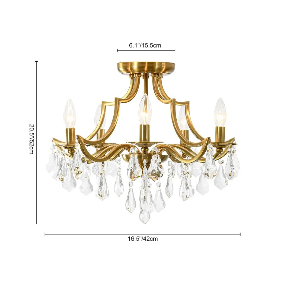 Brass 5-Light Candle Style Crystal Crown Semi Flush Mount