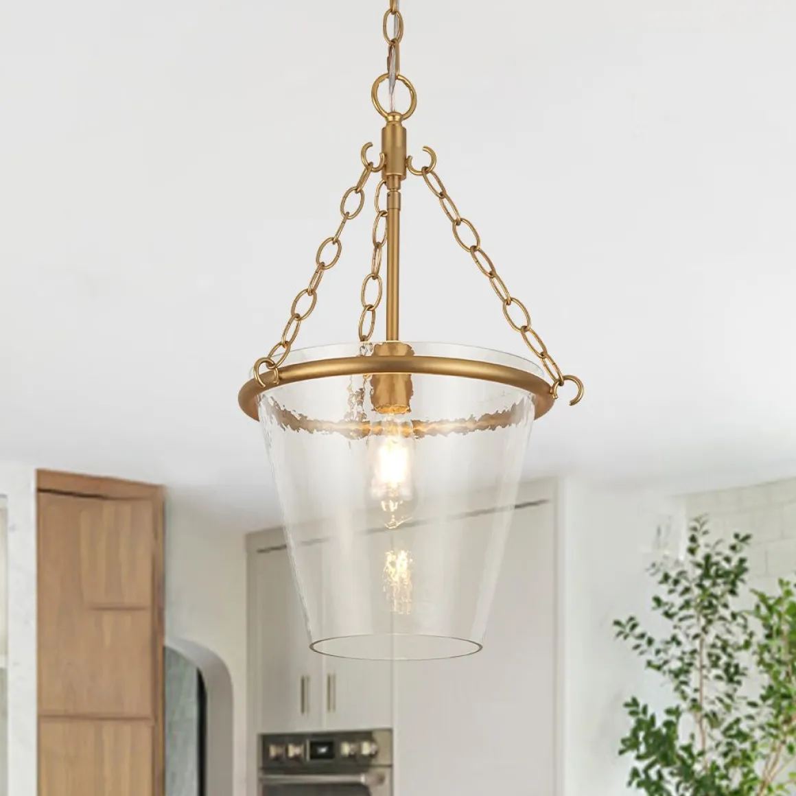 Brass 1-Light Clear Textured Glass Conical Cage Pendant