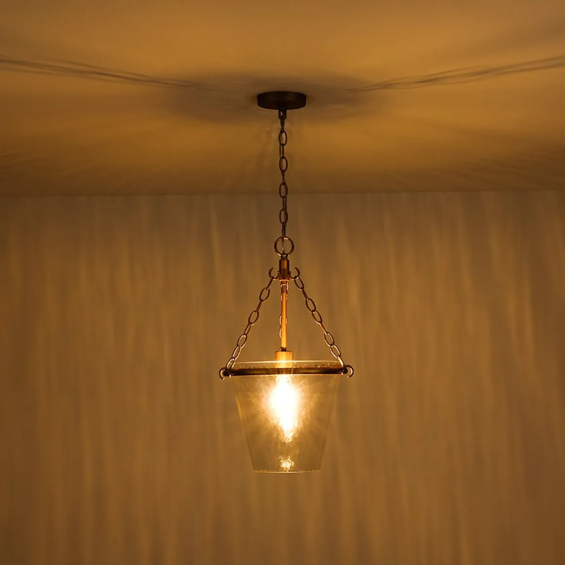 Brass 1-Light Clear Textured Glass Conical Cage Pendant