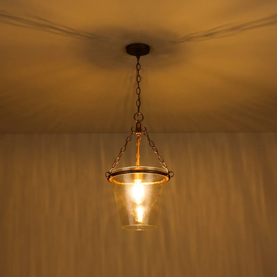 Brass 1-Light Clear Textured Glass Conical Cage Pendant