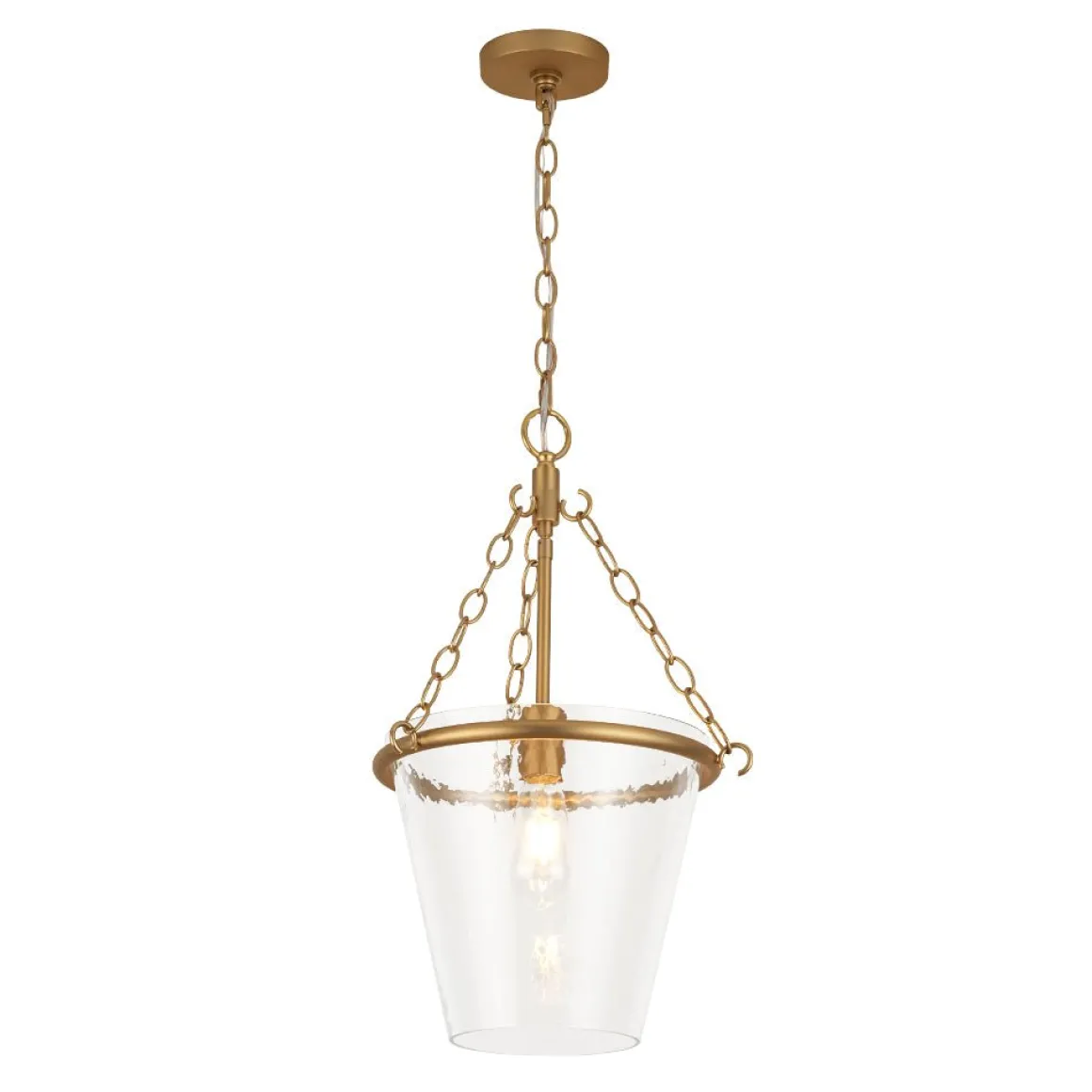 Brass 1-Light Clear Textured Glass Conical Cage Pendant