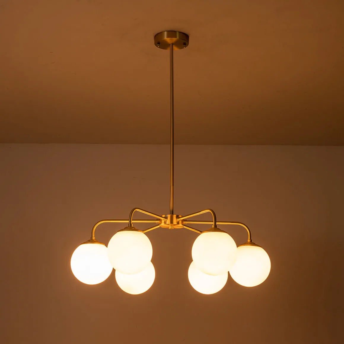 Brass 6-Light Milky White Globe Round Chandelier