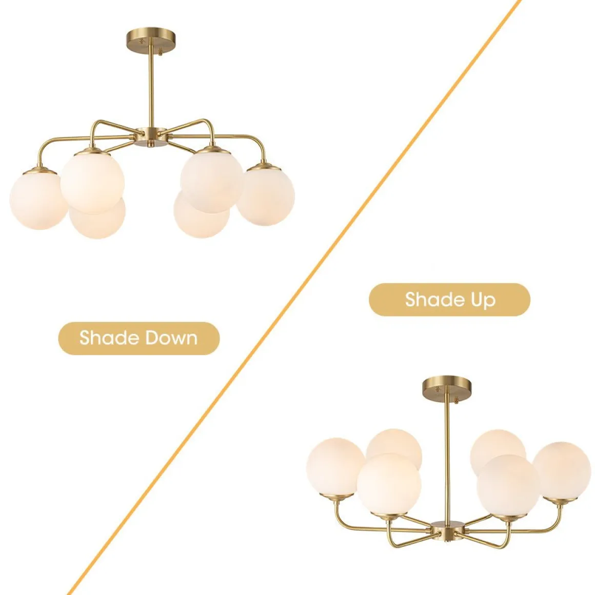 Brass 6-Light Milky White Globe Round Chandelier