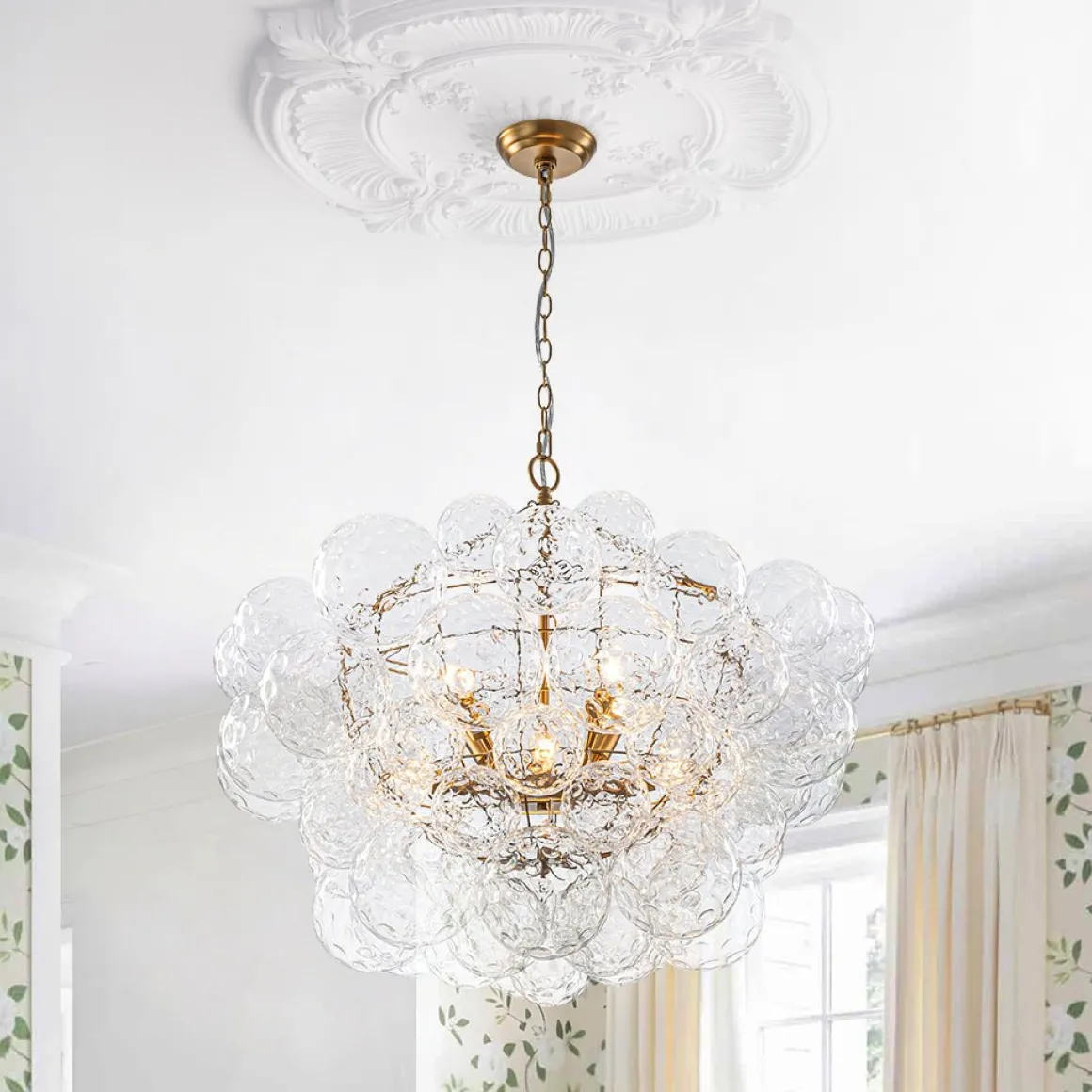 Brass Luxe Cluster Hammered Glass Globe Bubble Chandelier