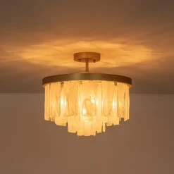 Brass Round Tiered Opal Swirl Glass Pendant Chandelier