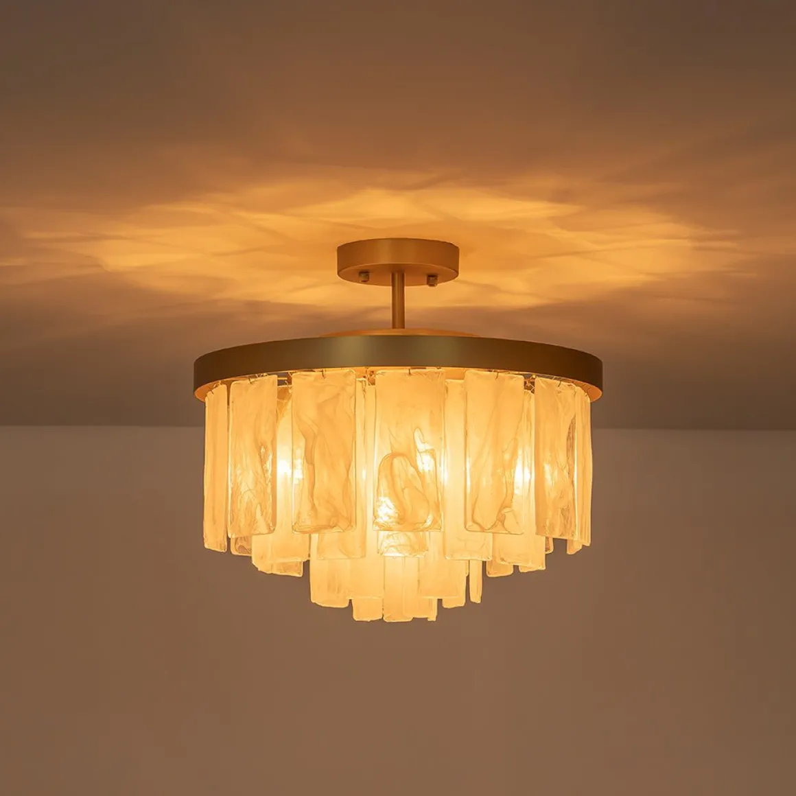 Brass Round Tiered Opal Swirl Glass Pendant Chandelier