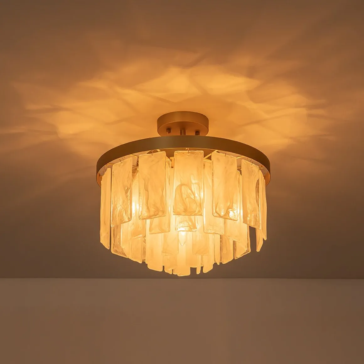 Brass Round Tiered Opal Swirl Glass Pendant Chandelier