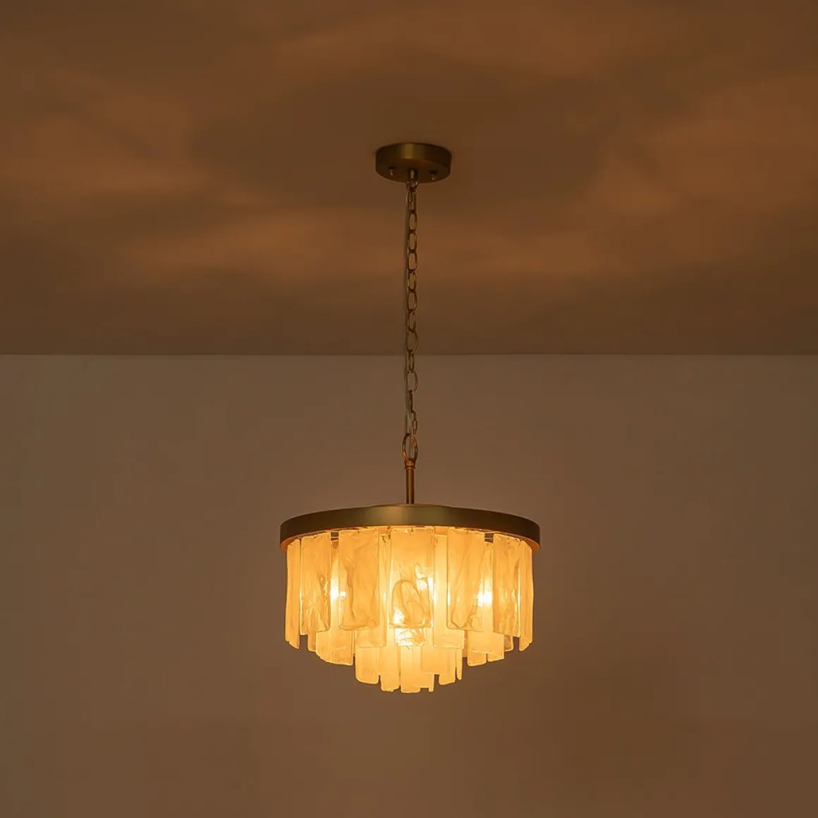 Brass Round Tiered Opal Swirl Glass Pendant Chandelier