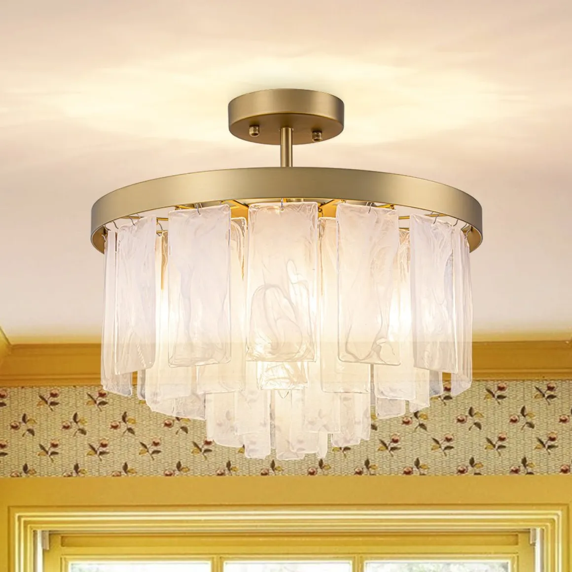 Brass Round Tiered Opal Swirl Glass Pendant Chandelier