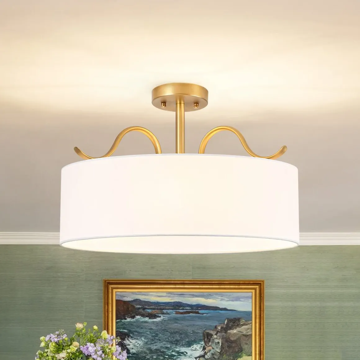 Brass White Fabric Drum Cage Semi Flush Dual Mount Chandelier