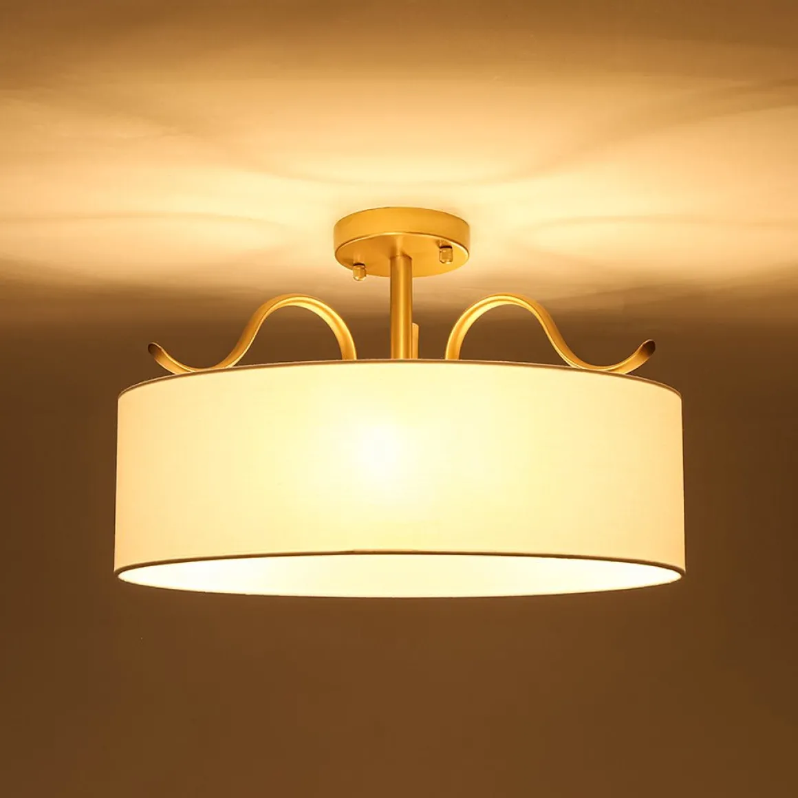 Brass White Fabric Drum Cage Semi Flush Dual Mount Chandelier