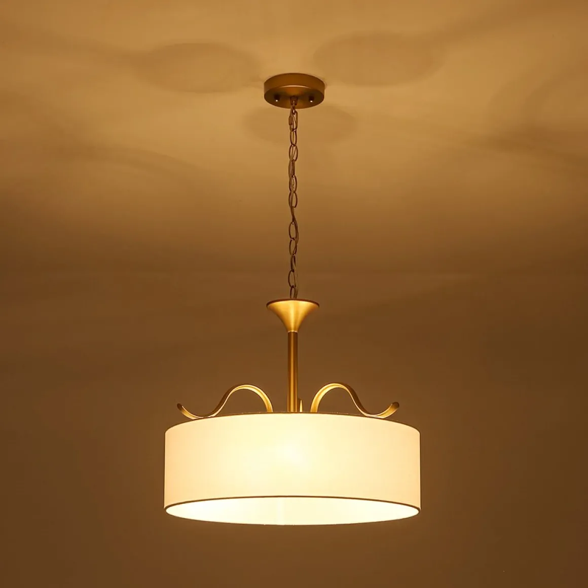 Brass White Fabric Drum Cage Semi Flush Dual Mount Chandelier