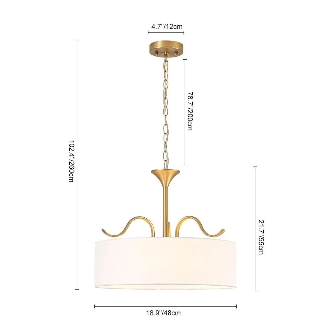 Brass White Fabric Drum Cage Semi Flush Dual Mount Chandelier