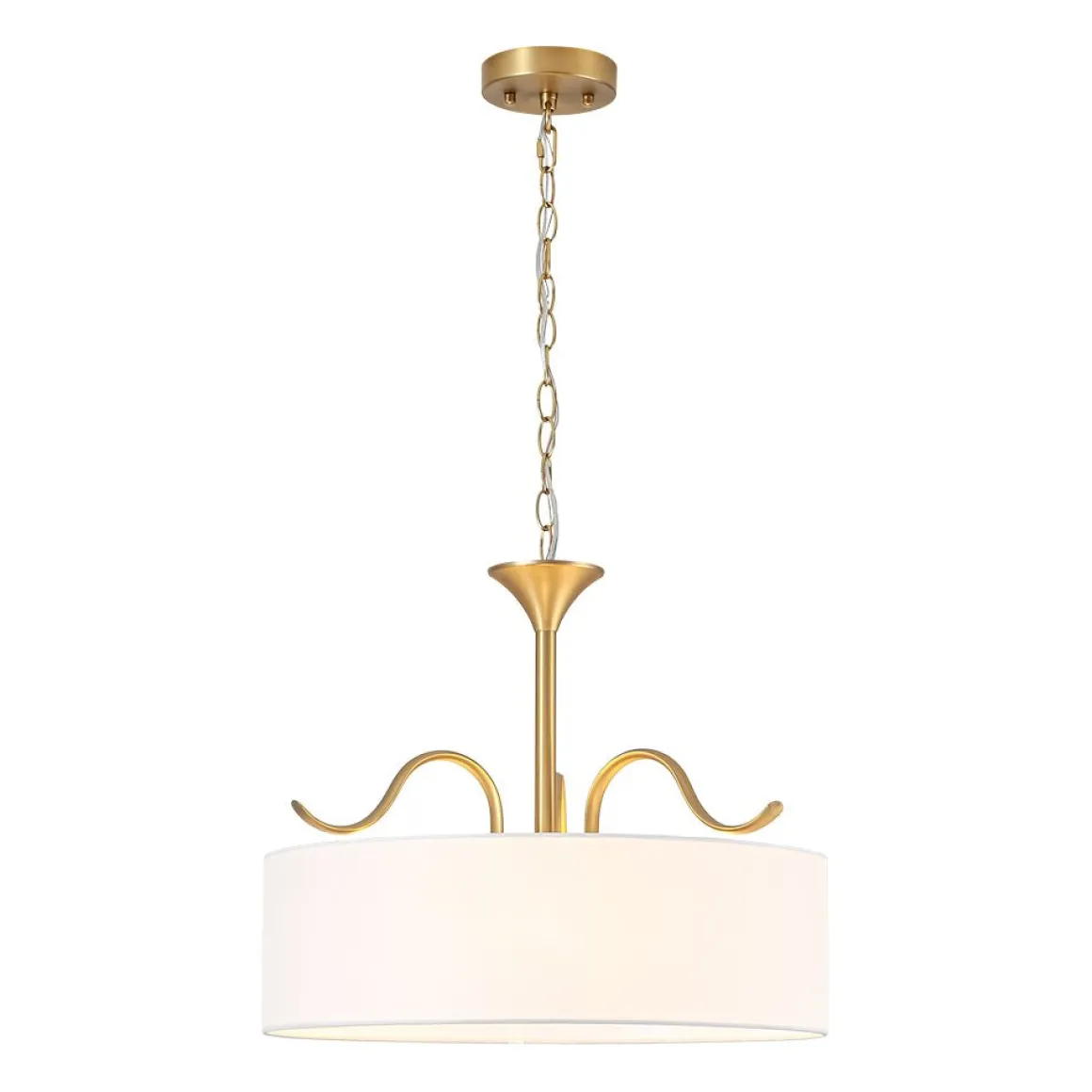 Brass White Fabric Drum Cage Semi Flush Dual Mount Chandelier