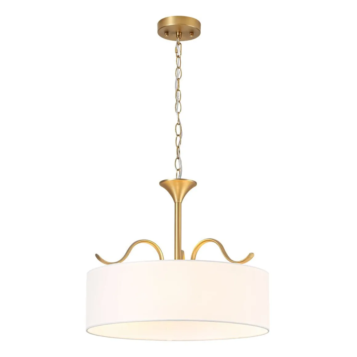 Brass White Fabric Drum Cage Semi Flush Dual Mount Chandelier