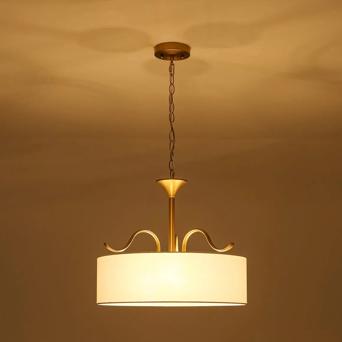 Brass White Fabric Drum Cage Semi Flush Dual Mount Chandelier
