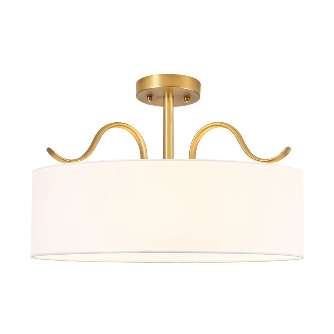 Brass White Fabric Drum Cage Semi Flush Dual Mount Chandelier
