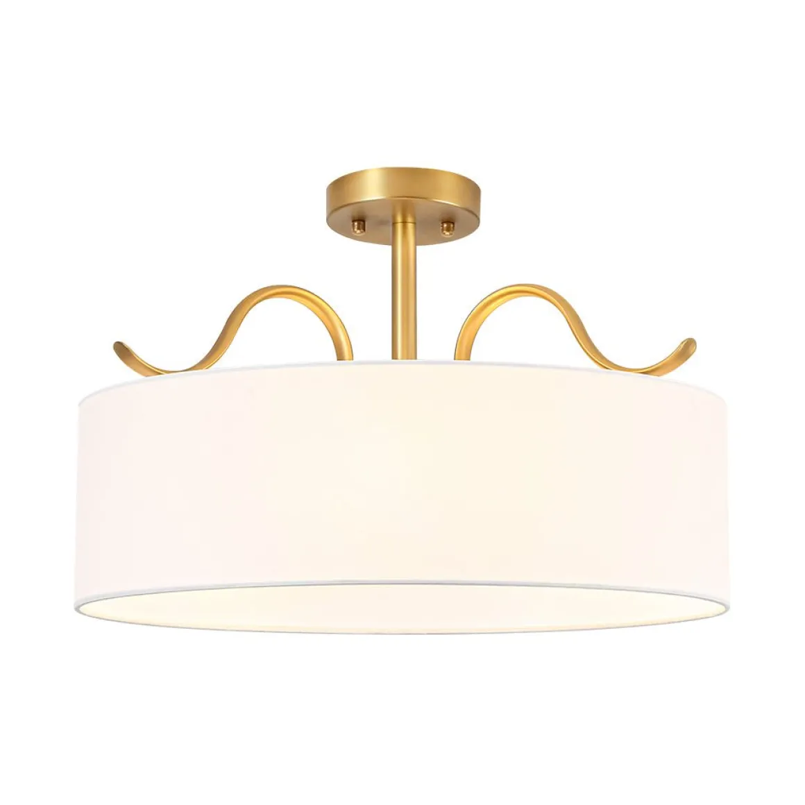Brass White Fabric Drum Cage Semi Flush Dual Mount Chandelier