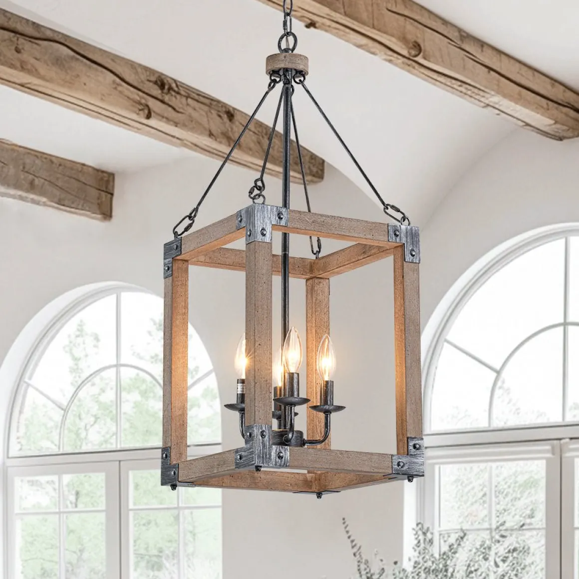 Candle Style Weathered Wooden Square Cage Pendant Light