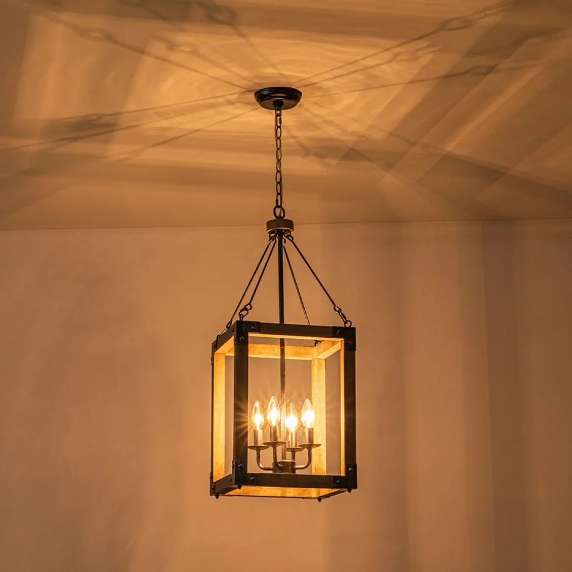 Candle Style Weathered Wooden Square Cage Pendant Light