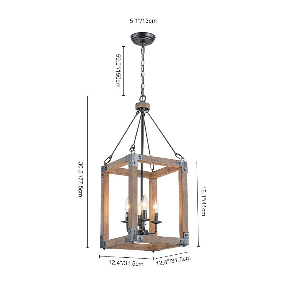 Candle Style Weathered Wooden Square Cage Pendant Light
