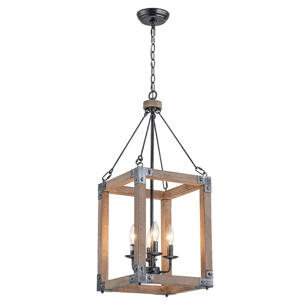 Candle Style Weathered Wooden Square Cage Pendant Light