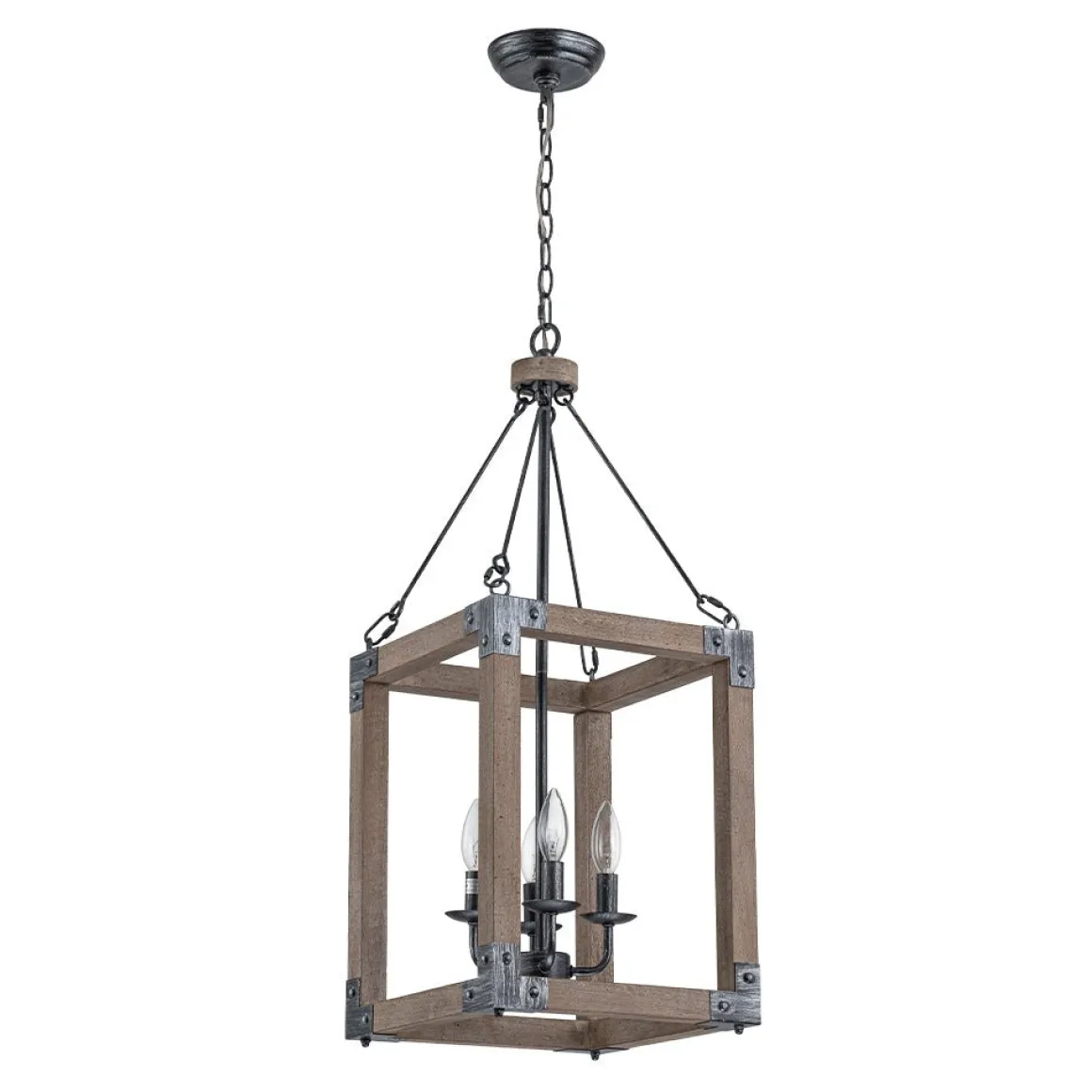 Candle Style Weathered Wooden Square Cage Pendant Light