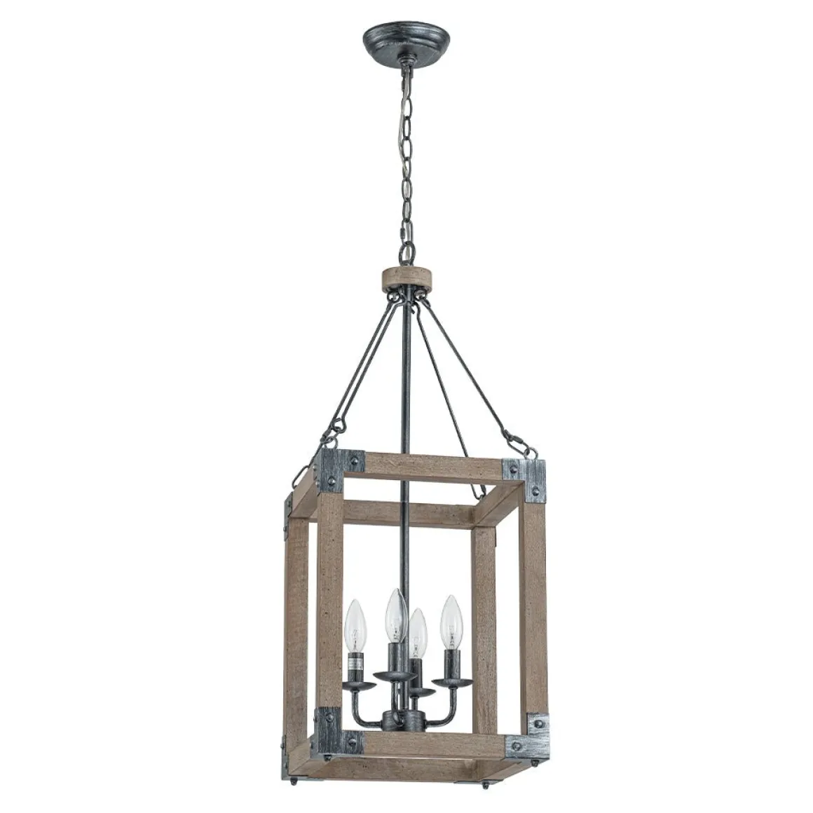 Candle Style Weathered Wooden Square Cage Pendant Light