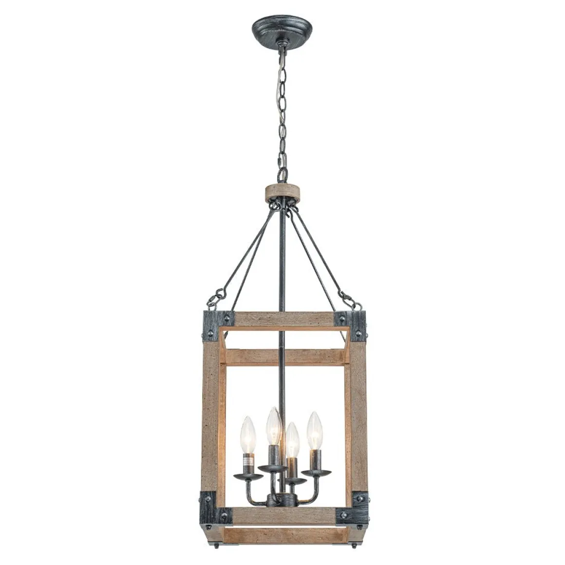 Candle Style Weathered Wooden Square Cage Pendant Light