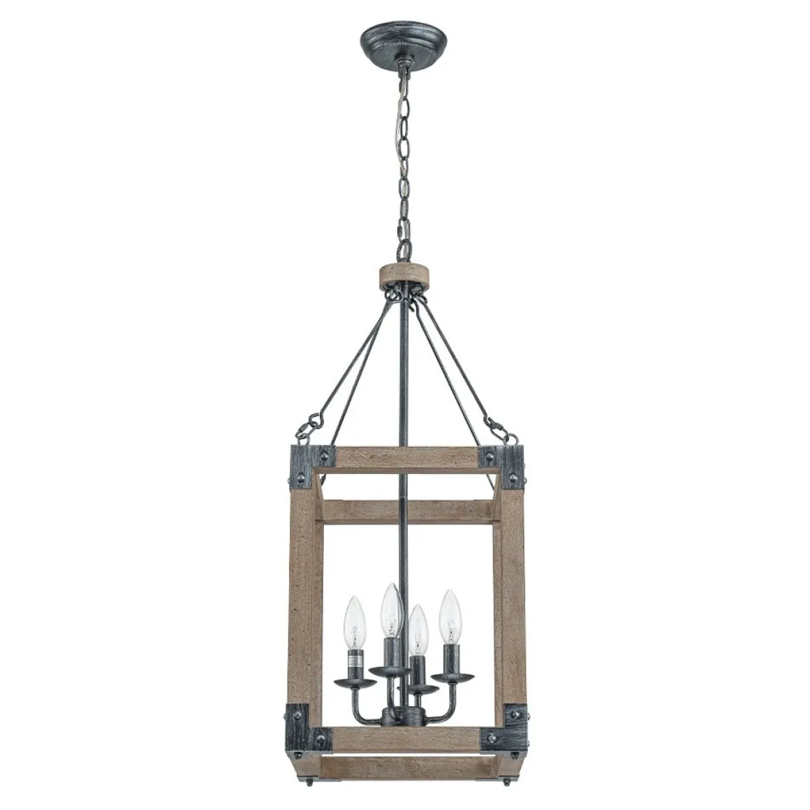 Candle Style Weathered Wooden Square Cage Pendant Light