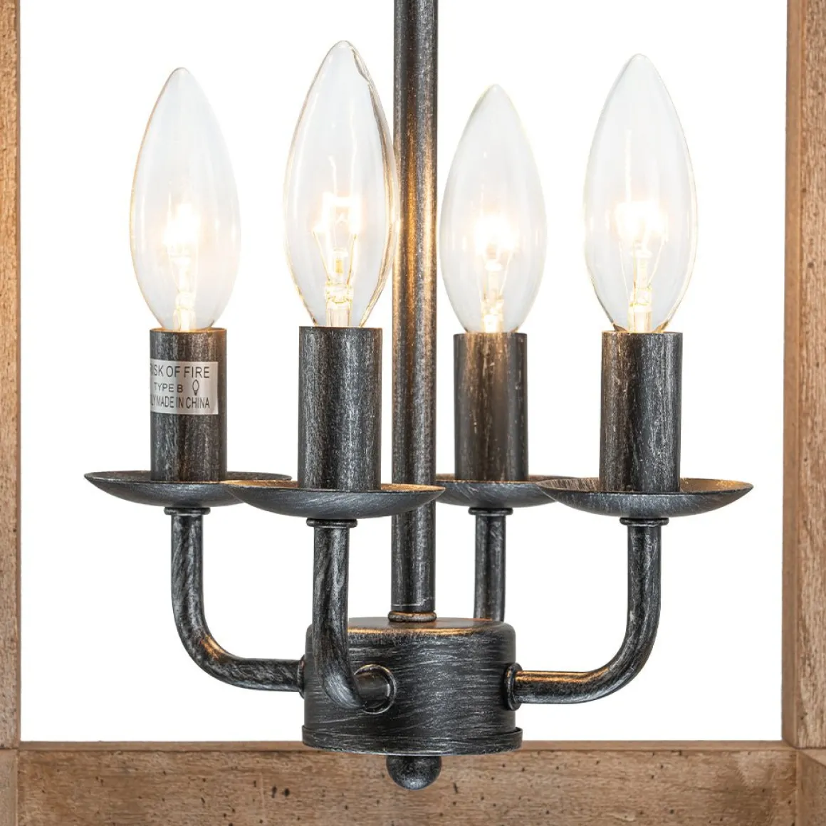 Candle Style Weathered Wooden Square Cage Pendant Light