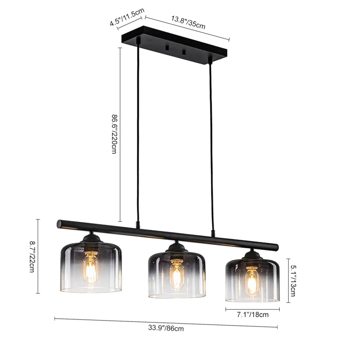 Contemporary 3-Light Gradual Smoked Glass Island Chandelier