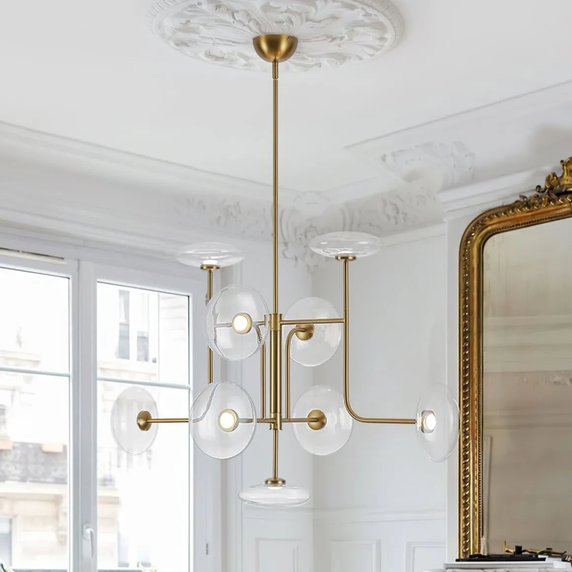 Designer 9-light Glass Dimmable LED Linear Sputnik Chandelier