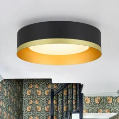 Dimmable LED Black Gold Iron Milky Glass Drum Flush Mount