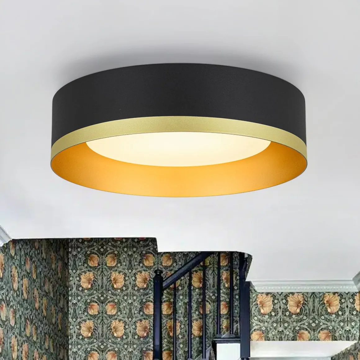 Dimmable LED Black Gold Iron Milky Glass Drum Flush Mount