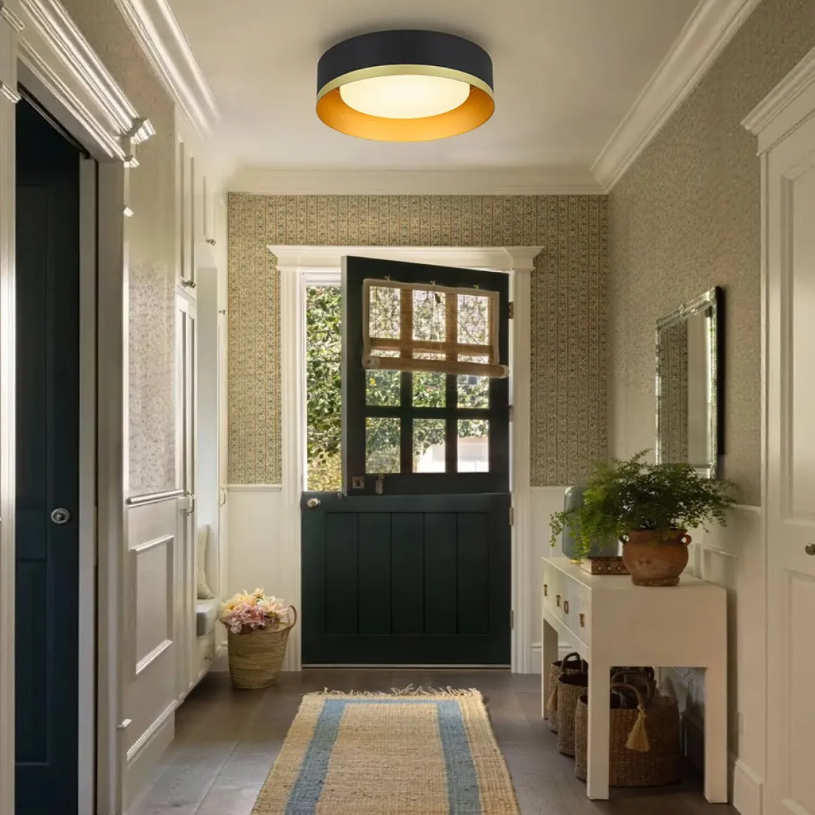 Dimmable LED Black Gold Iron Milky Glass Drum Flush Mount